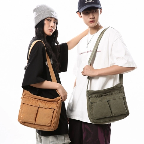 Borsa a Tracolla Unisex in Tela Workwear Grande Capacità Messenger Bag Con Tasche Multiple per Scuola Viaggio Casual Borsa a Spalla