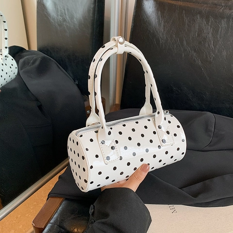 Polka Dot Zylinder Umhängetasche Damen PU Leder Lackoptik Handtasche Verstellbarer Riemen Mode Tägliche Schultertasche