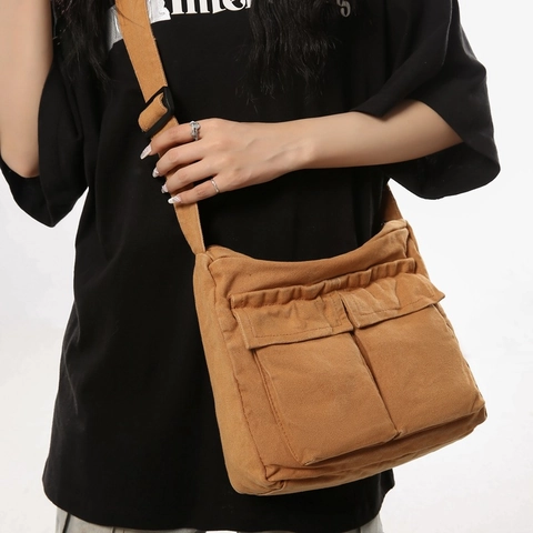 Borsa a Tracolla Unisex in Tela Workwear Grande Capacità Messenger Bag Con Tasche Multiple per Scuola Viaggio Casual Borsa a Spalla