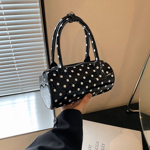 Polka Dot Zylinder Umhängetasche Damen PU Leder Lackoptik Handtasche Verstellbarer Riemen Mode Tägliche Schultertasche
