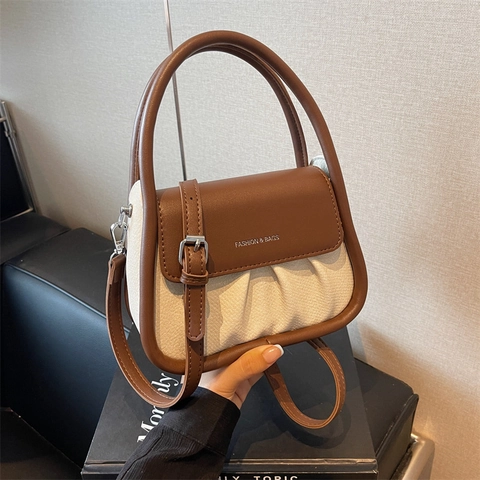 Vintage PU Leather Patchwork Crossbody Bag For Women Fashion Top Handle Small Square Bag With Adjustable Shoulder Strap