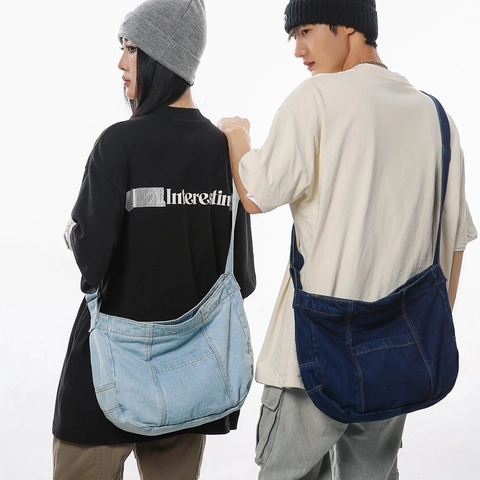 Borsa a Tracolla in Denim Lavato a Grande Capacità per Uomo Donna Stile Giapponese Vintage Messenger Bag Con Tasche