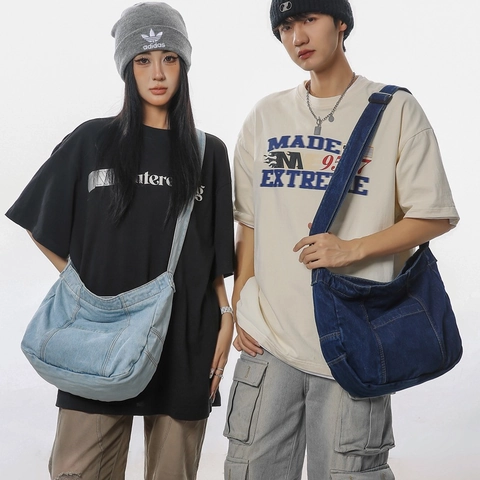 Borsa a Tracolla in Denim Lavato a Grande Capacità per Uomo Donna Stile Giapponese Vintage Messenger Bag Con Tasche