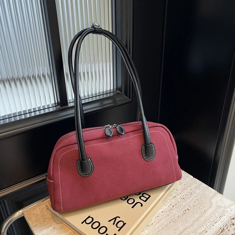 Damen Retro PU Frosted Achseltasche Kontrastnähte Umhängetasche Mode Vielseitige Handtasche Herbst Baguette Tasche