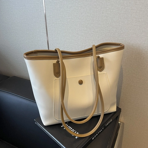Grand Sac Fourre-tout pour Femme Cuir PU Minimaliste Coutures Contrastées Sac à Bandoulière Polyvalent Bureau Travail