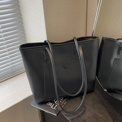 Grand Sac Fourre-tout pour Femme Cuir PU Minimaliste Coutures Contrastées Sac à Bandoulière Polyvalent Bureau Travail