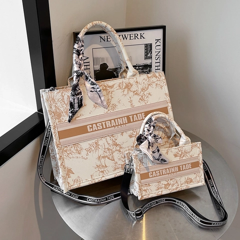 Borsa Tote in Pelle PU con Stampa Floreale Vintage Grande Capacità Borsa a Tracolla da Donna con Sciarpa Stile di Design