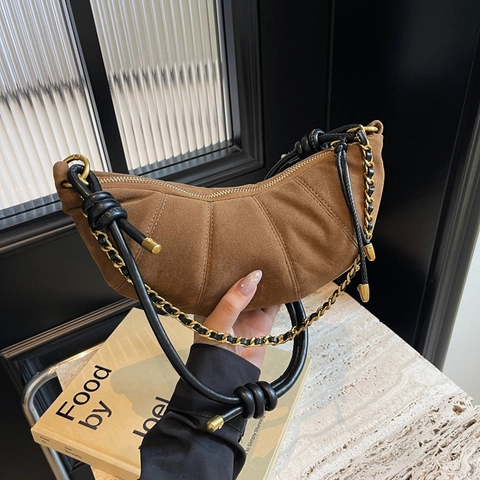 Borsa a Spalla Croissant in Camoscio da Donna Borsa a Tracolla Vintage Dumpling Con Cinturino a Nodo a Catena Dorata per Ufficio