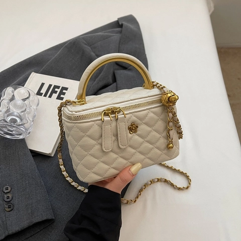 Damen Gesteppt Rautenmuster Vanity Bag PU Leder Handtasche Mit Goldenem Metallgriff Und Verstellbarer Kugel Kette Umhängetasche