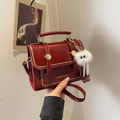 Women Retro PU Leather Small Square Crossbody Bag French Style Shoulder Bag With Plush Monster Pendant Gold Rivet Decoration