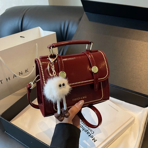Women Retro PU Leather Small Square Crossbody Bag French Style Shoulder Bag With Plush Monster Pendant Gold Rivet Decoration