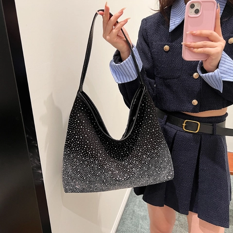 Große Kapazität Strass Tote Bag Für Damen PU Leder Hobo Schultertasche Glänzende Kristall Eimertasche Stilvolle Tägliche Handtasche
