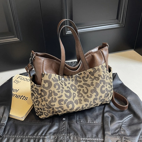 Große Tragetasche Für Damen Mit Leopardenmuster Kunstleder Leinwand Nähte Lässige Schulter Umhängetasche Mode Alltagshandtasche