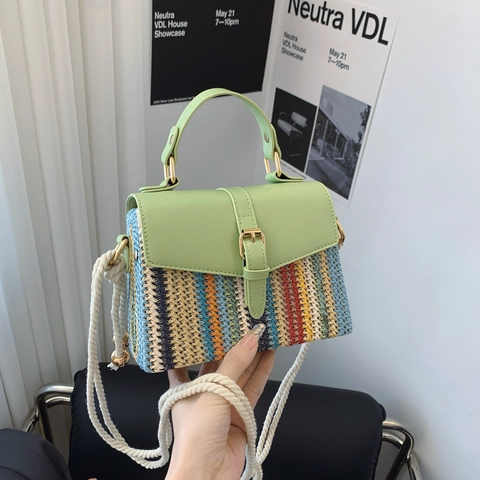 Bolso Bandolera Tejido para Mujer Color de Contraste Patchwork de Cuero PU Bolso Cuadrado Pequeño Bolso de Hombro Tejido a Mano