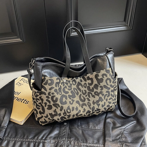 Große Tragetasche Für Damen Mit Leopardenmuster Kunstleder Leinwand Nähte Lässige Schulter Umhängetasche Mode Alltagshandtasche