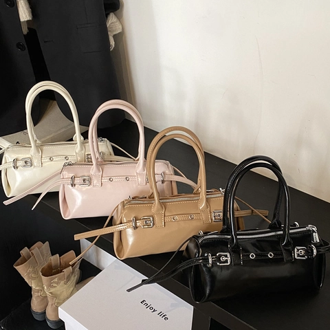 Borsa a Mano Cilindrica Boston in Pelle PU di Moda Per Donna Borsa a Tracolla Lucida Con Tracolla Regolabile Fibbia Cinturino Borchie