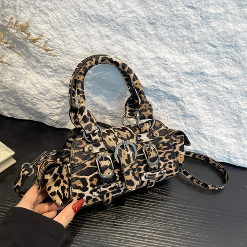 Vintage PU Leder Leopard Hahnentritt Boston Tasche Damen Punk Niete Schnalle Schulter Umhängetasche Lässige Handtasche