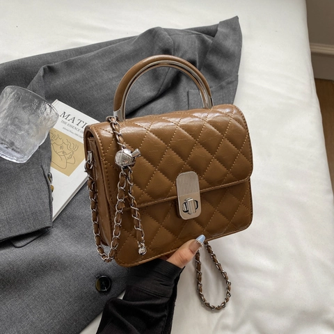 Women Quilted Rhombus Square Bag Metal Chain Shoulder Bag Silver Handle PU Leather Crossbody Bag Commuting Fashion Handbag