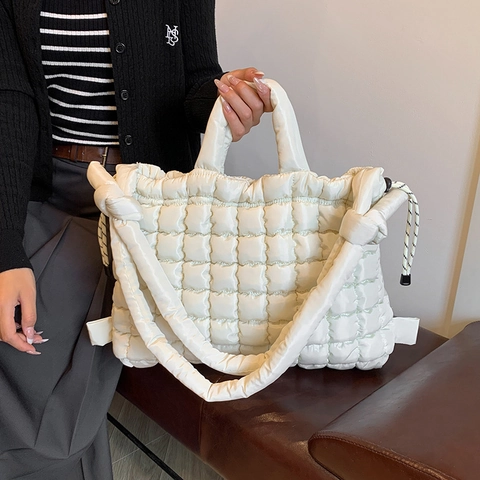 Fashion Women Nylon Quilted Padded Tote Bag Large Capacity Puffy Shoulder Bag With Knotted Strap Casual Crossbody Handbag
