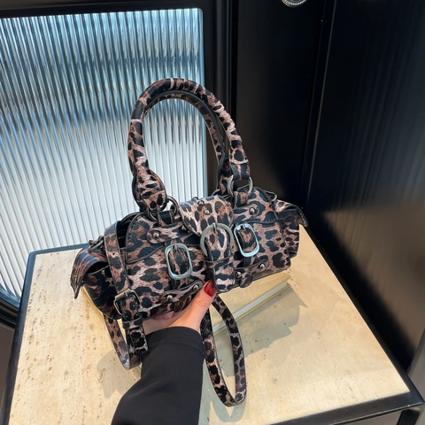 Vintage PU Leder Leopard Hahnentritt Boston Tasche Damen Punk Niete Schnalle Schulter Umhängetasche Lässige Handtasche