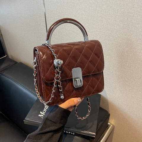 Women Quilted Rhombus Square Bag Metal Chain Shoulder Bag Silver Handle PU Leather Crossbody Bag Commuting Fashion Handbag