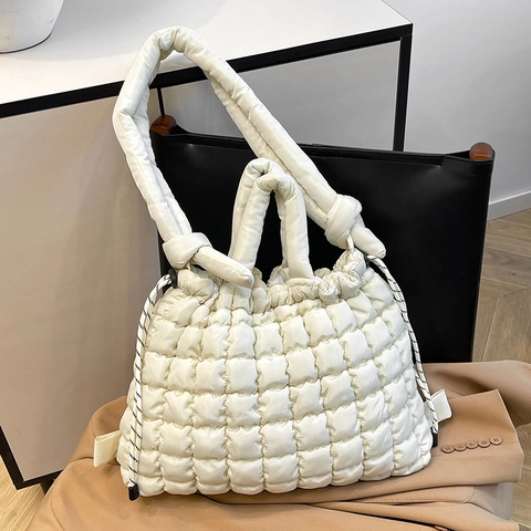 Fashion Women Nylon Quilted Padded Tote Bag Large Capacity Puffy Shoulder Bag With Knotted Strap Casual Crossbody Handbag