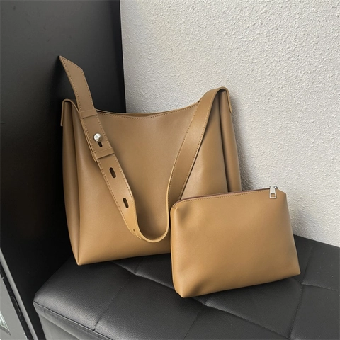 Sac Fourre-tout en Cuir PU Avec Pochette Intérieure Style Rétro Simple Sac à Main Grande Capacité Large Bandoulière