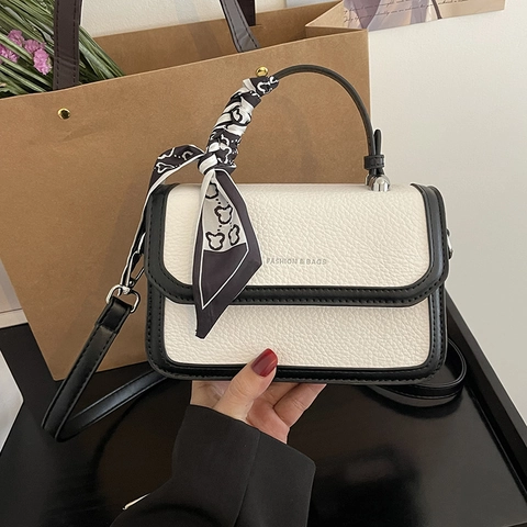 Women Contrast Color Small Square Bag Pebble Grain PU Leather Crossbody Bag With Scarf Wrap Handle Fashion Handbag Daily