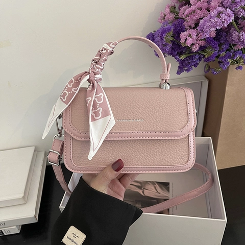Women Contrast Color Small Square Bag Pebble Grain PU Leather Crossbody Bag With Scarf Wrap Handle Fashion Handbag Daily