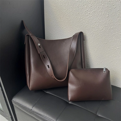 Sac Fourre-tout en Cuir PU Avec Pochette Intérieure Style Rétro Simple Sac à Main Grande Capacité Large Bandoulière