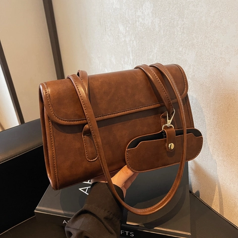 Vintage PU Leather Underarm Bag For Women Large Capacity Solid Color Shoulder Bag With Detachable Mini Pouch Handbag