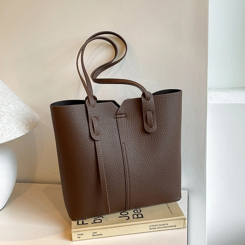 Women Large Capacity PU Leather Tote Bag Litchi Pattern Urban Simple Shoulder Bag And Small Pouch Magnetic Closure Office Daily