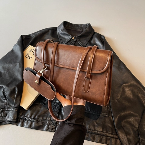 Vintage PU Leather Underarm Bag For Women Large Capacity Solid Color Shoulder Bag With Detachable Mini Pouch Handbag