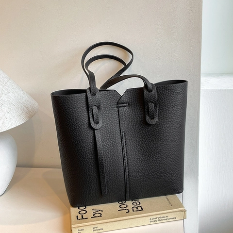 Women Large Capacity PU Leather Tote Bag Litchi Pattern Urban Simple Shoulder Bag And Small Pouch Magnetic Closure Office Daily