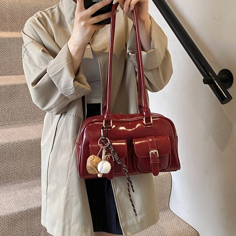 Sac Traversin Boston Rétro Pour Femmes En Cuir PU Brillant Sac À Épaule Sous Le Bras Avec Charme De Baseball Sportif