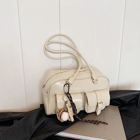 Sac Traversin Boston Rétro Pour Femmes En Cuir PU Brillant Sac À Épaule Sous Le Bras Avec Charme De Baseball Sportif