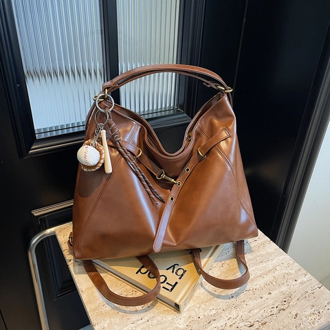 Bolso Tote Grande Vintage para Mujer Cuero PU Moda Simple Bolso de Hombro Con Colgante de Béisbol Casual Viaje