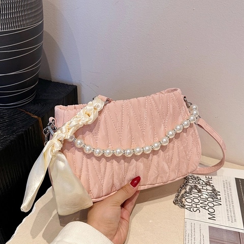 Fashion Women Ruched PU Leather Underarm Bag With Artificial Pearl Chain Satin Scarf Decor Pleated Crossbody Shoulder Bag