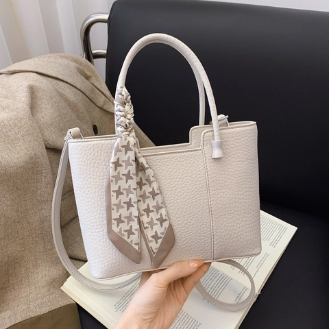 Women Lychee Pattern PU Leather Tote Bag Elegant Handbag With Decorative Silk Scarf Adjustable Shoulder Strap Zipper Closure Commuter Shoulder Bag