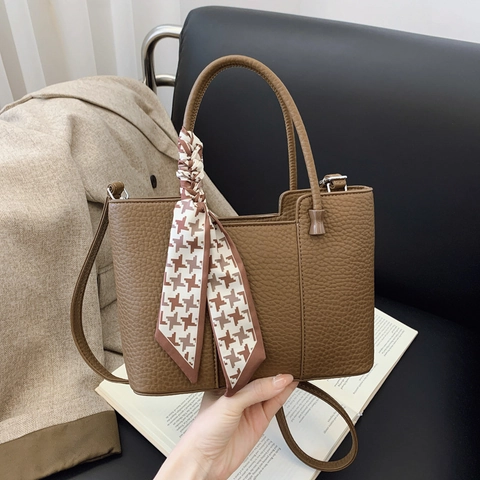 Women Lychee Pattern PU Leather Tote Bag Elegant Handbag With Decorative Silk Scarf Adjustable Shoulder Strap Zipper Closure Commuter Shoulder Bag
