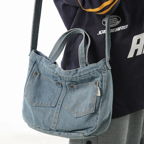 Mode Gewaschen Denim Tote Tasche Für Damen Große Kapazität Retro Denim Schulter Umhängetasche Lässige Handtasche Tägliche Reisesatchel