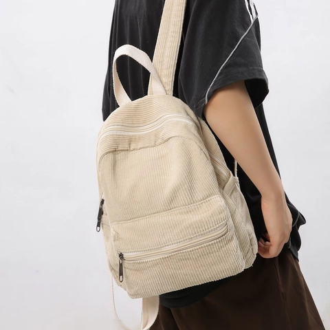 Women Casual Corduroy Backpack Large Capacity Student School Bag Japanese Minimalist Solid Color Travel Rucksack Handbag