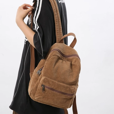 Women Casual Corduroy Backpack Large Capacity Student School Bag Japanese Minimalist Solid Color Travel Rucksack Handbag