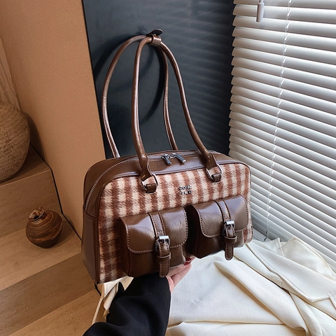 Borsa Sottoascellare in Pelle PU Vintage per Donna Grande Capacità Retro Houndstooth Pillow Bag Elegante Borsa a Tracolla Casual per Pendolari