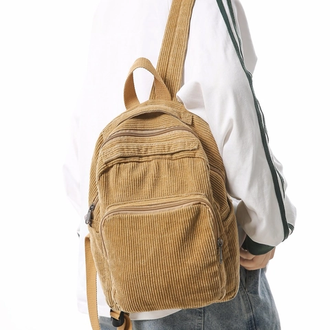 Mochila de Pana Rétro para Mujer Color Sólido Casual Bolsa de Escuela Vintage Mochila Universitaria Moda Viaje Ligera