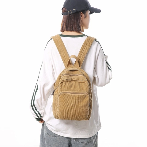 Mochila de Pana Rétro para Mujer Color Sólido Casual Bolsa de Escuela Vintage Mochila Universitaria Moda Viaje Ligera