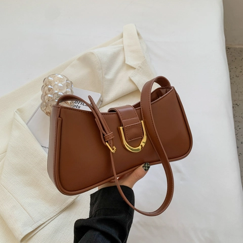 Sac Sous le Bras en Cuir PU Vintage pour Femmes Sac à Bandoulière Avec Boucle en Fer à Cheval Dorée Sac Baguette de Niche