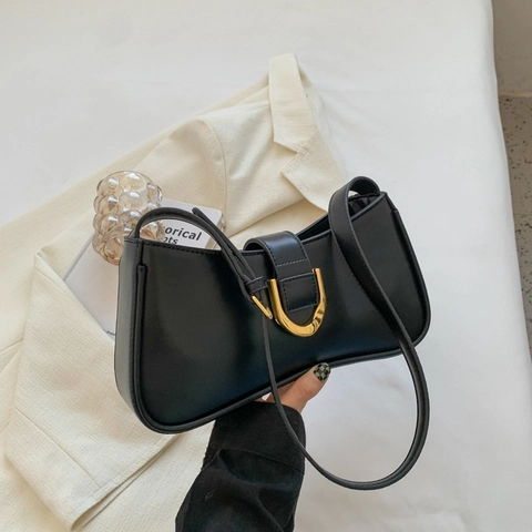 Sac Sous le Bras en Cuir PU Vintage pour Femmes Sac à Bandoulière Avec Boucle en Fer à Cheval Dorée Sac Baguette de Niche
