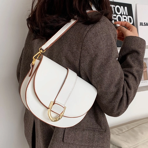 Vintage Minimalistische PU Leder Sattel Schultertasche Für Damen Mode Trendige Umhängetasche Mit Goldener Hufeisen-Schnalle
