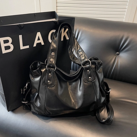Retro Large Capacity PU Leather Tote Bag for Women Vintage Shoulder Crossbody Bag with Rivet Decor Daily Commute Handbag